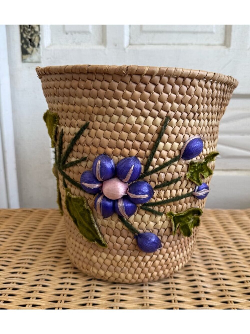 Vintage 60s Waste/Trash Basket Woven Straw Purple Raffia Flowers Velvet